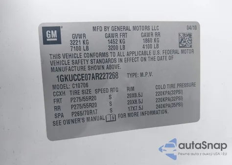 2010 GMC Yukon Slt z USA, uszkodzony, nr VIN 1GKUCCE07AR227268